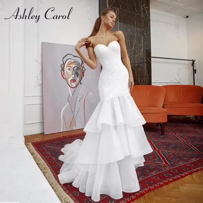 Ashley Carol-Robe de mariée sirène à volants perlés brillants, manches chérie à plusieurs niveaux, r