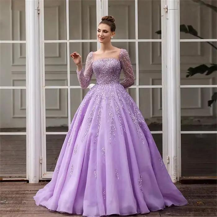 Robe de Mariée Luxueuse Violet Clair à Manches sulf, Tenue de Bal en Tulle à Paillettes, Personnalis