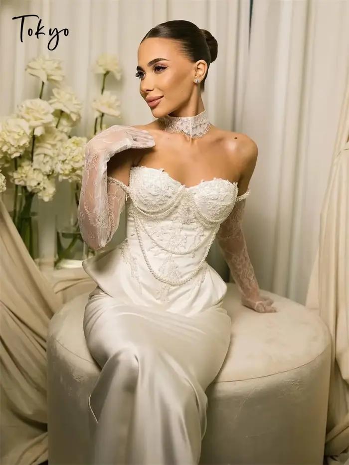 Tokyo personnalisé blanc sirène robes de mariée hors de l'épaule manches longues Satin robe de marié