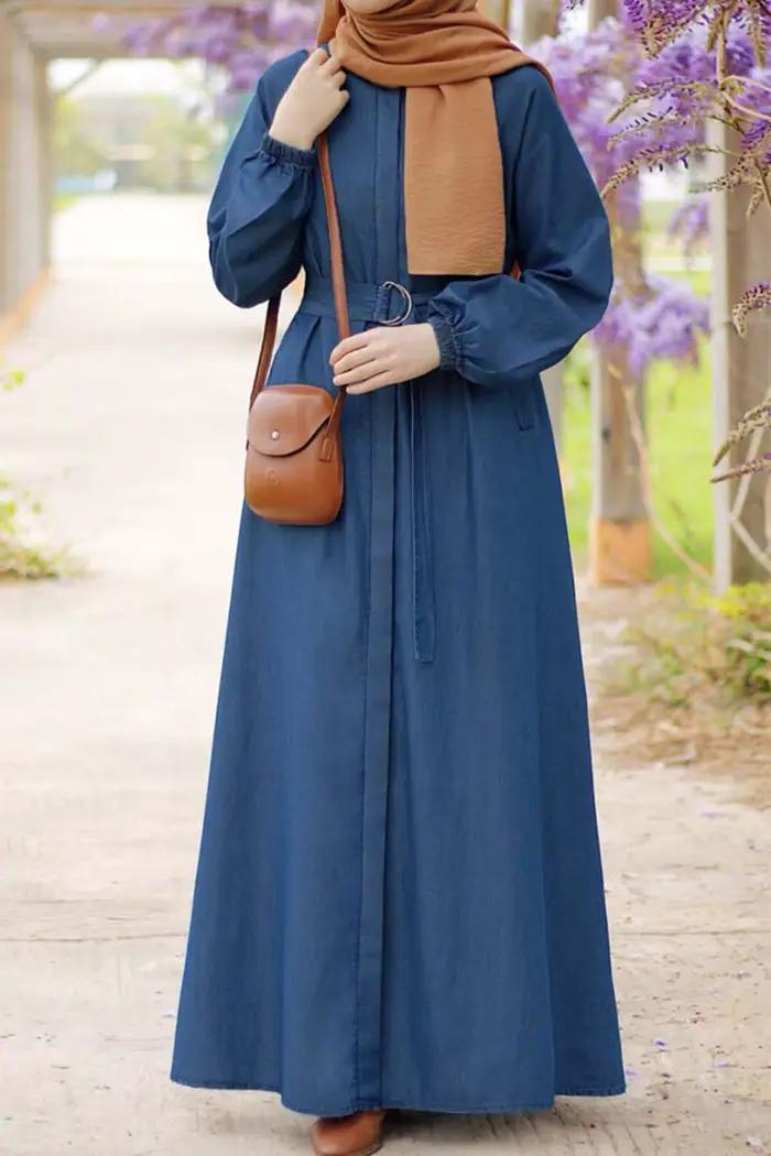 Robes longues musulmanes pour femmes, robe longue en Denim Vintage à lacets et manches lanternes