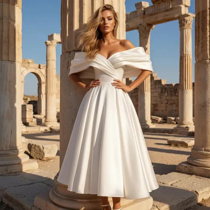 Robe de mariée Simple en Satin, longueur sarcelle, épaules dénudées, robe de bal plissée et bouffant