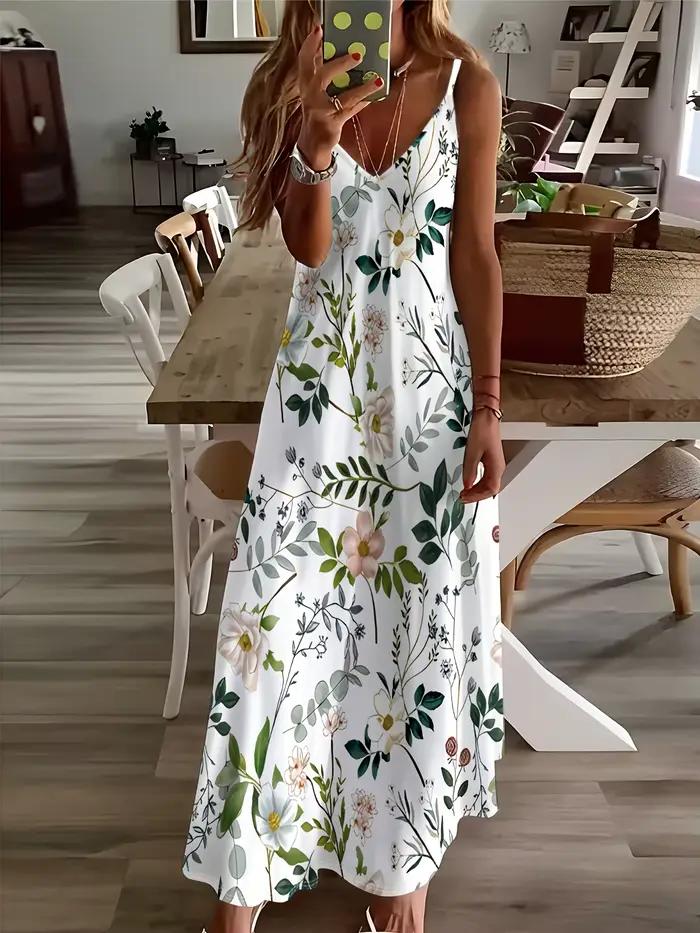 Robe d'été pour femmes, imprimé floral, col en V, sans manches, coupe trapèze, tenue décontractée po