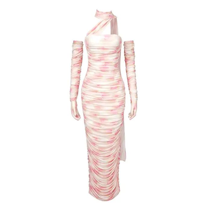 VC robe élégante pour femmes ruban drapé avec manches longues gants robe de soirée robe de vacances