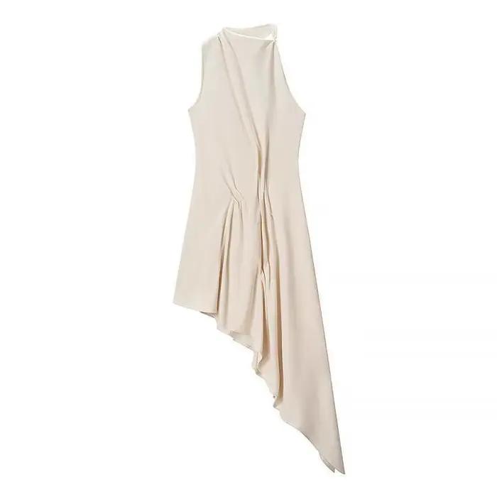 Robe en maille asymétrique gris beige coupe ajustée style urbain taille haute mi-longue évasée sans