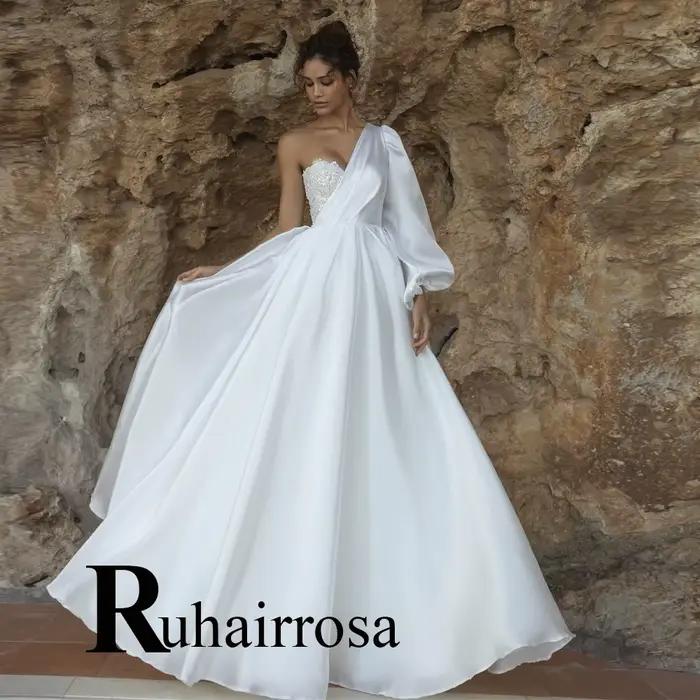 Ruhair Chaming Robe De mariée pour mariée a-ligne une épaule Appliques dos nu Satin Robe De soirée D