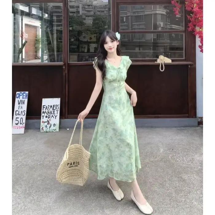 Robe longue sans manches à imprimé floral vert français, style été 2025, pour vacances à la plage, a