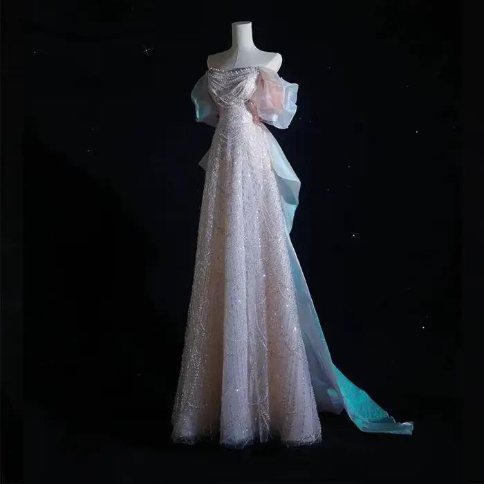 Robe de soirée style français, nouveau modèle 2026, robe sirène à sequins épaules dénudées pour accu