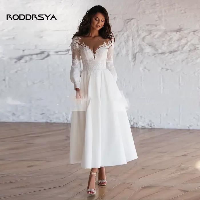 RODDRSYA-Robe de mariée courte vintage pour femmes, manches longues, encolure dégagée, robe de patie