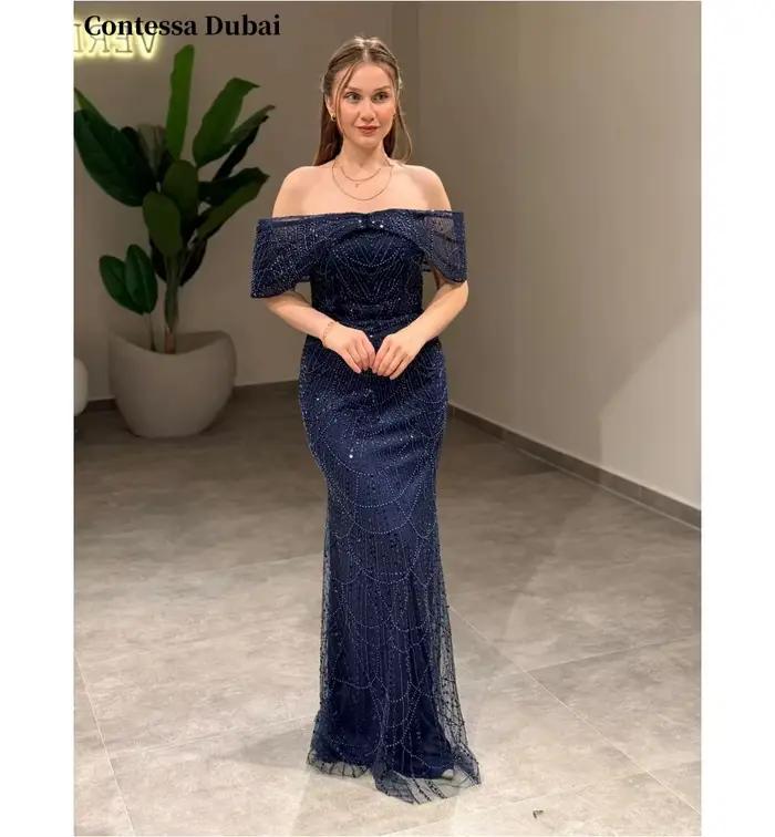 Robe de soirée personnalisée Contessa en tulle, épaules dénudées, longueur ras du sol, style sirène,