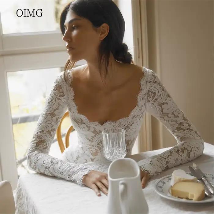 OIMG Robe de mariée sirène élégante en dentelle à manches longues, longue traîne, longueur au sol, p