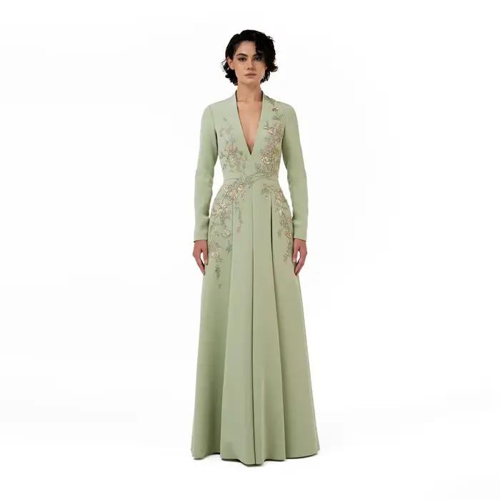 Robe de soirée vert sauge personnalisée, col en V profond, manches longues, pour femme, 2026, plissé