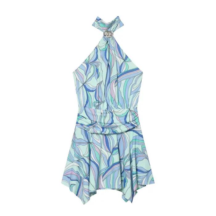 Nouvelle Robe Mini Chic d'Été 2026 pour Femme, Imprimé Abstrait, Col Halter, Sans Manches, Taille Fr
