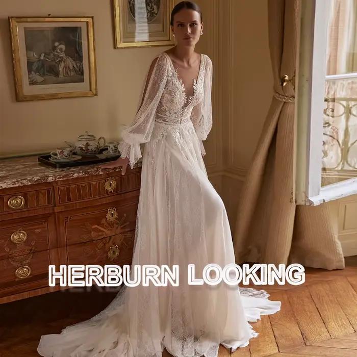 HERBURN charmante ligne a robes De mariée pour les femmes mariée dentelle Appliques Illusion manches