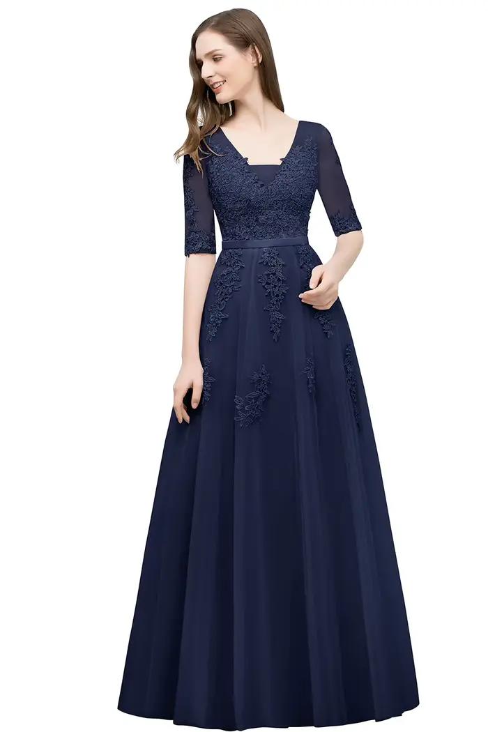 Robe de soirée élégante à manches mi-longues, avec des Appliques en dentelle, ligne a, longue bretel