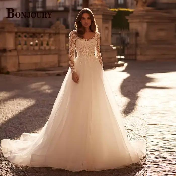 BONJOURY charmante robe De mariée pour mariée a-ligne bouton Appliques chérie Court Train Tulle robe