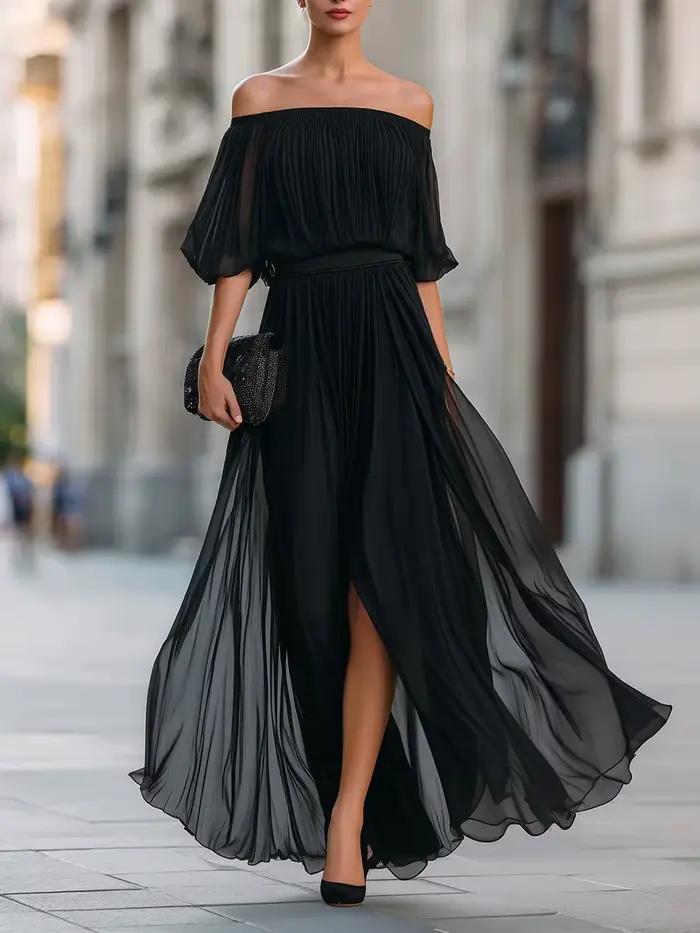 Robe longue élégante pour femme, en mousseline, épaules dénudées, sexy, froncée, avec fente, jupe fl