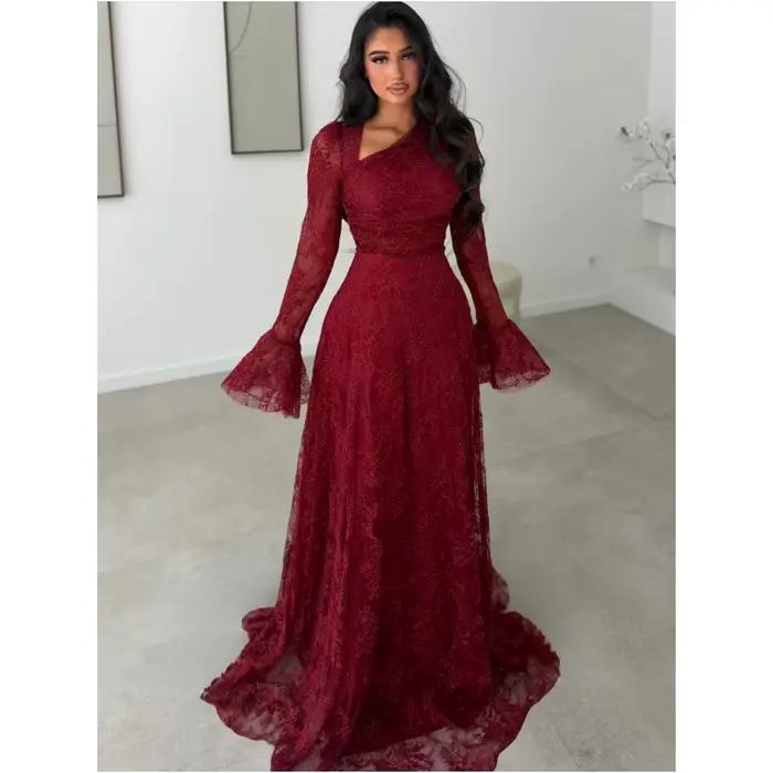Robes de soirée en dentelle rouge, manches longues, robe de bal, ligne A, longueur au sol, robe de s