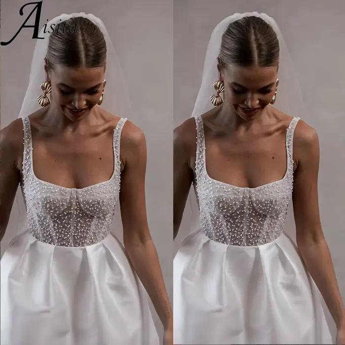 Robe de Mariée Courte Personnalisée, Col Licou, Satin, Tulle, Mini, Ligne A, Perlée, Élégante, pour