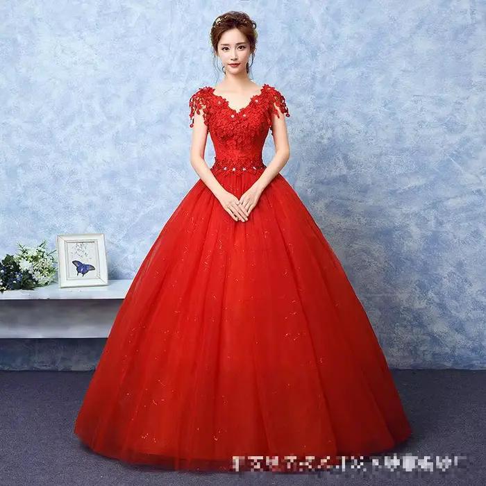 Robe de mariée brodée en dentelle à col en V personnalisé, robe de Rhvintage, rouge, 2024