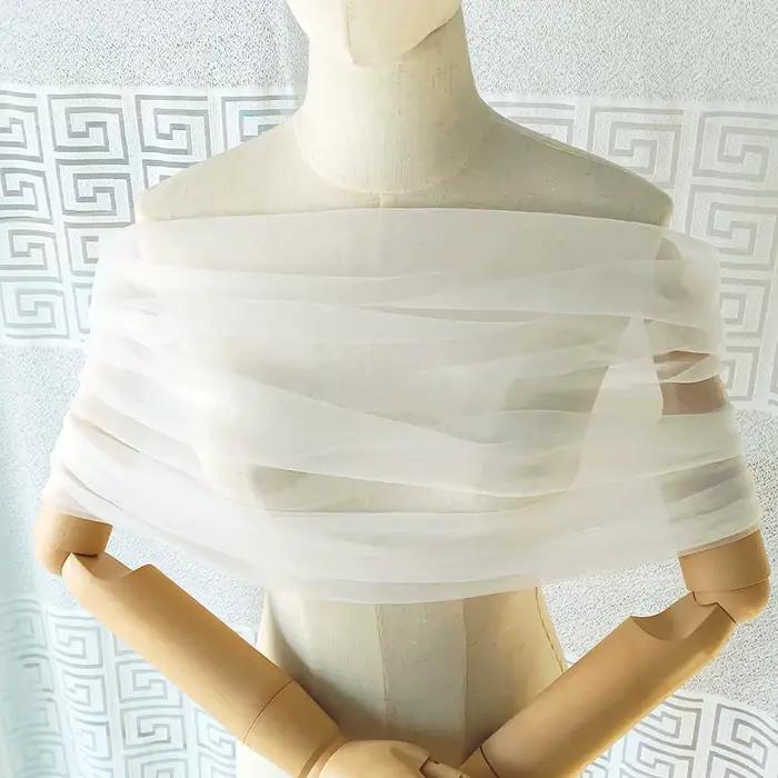 Femmes plissé Tulle Sheer Wrap mariage mariée hors de l'épaule étole élégant formel châle avec bouto
