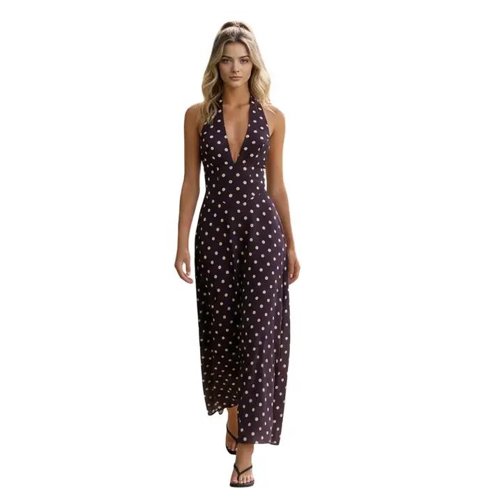 Robe longue pour femmes, col halter, sans manches, dos ouvert, imprimé à pois, robes d'été fluides