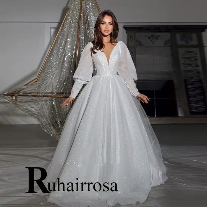 Ruhair Robe De mariée modeste pour mariée a-ligne col en v à lacets manches bouffantes Court Train R