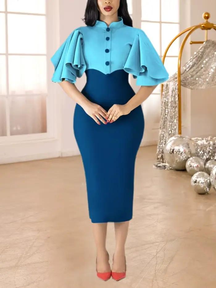 Robes fourreau bloc de couleur bleue pour femmes, col montant, manches à volants, boutonnées, taille