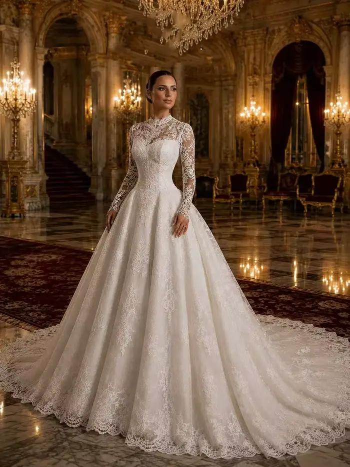 Robe de mariée de luxe à col montant en dentelle pour la mariée - Robe de bal à manches longues avec