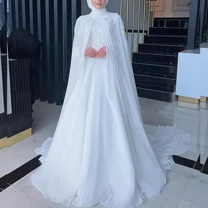 Robes de mariée musulmanes, hijab, col haut, manches longues, robe de mariée en forme de A, en mouss
