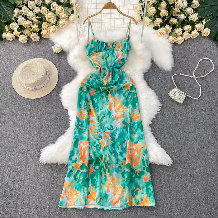 Foamlina européen 2025 été nouveau vert imprimé a-ligne robe de vacances femmes vacances taille chic