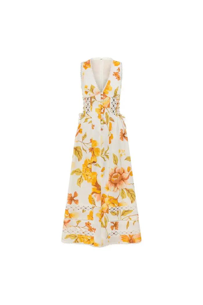 Robe longue amincissante sans manches à col en V profond, imprimé floral, taille haute, style décont