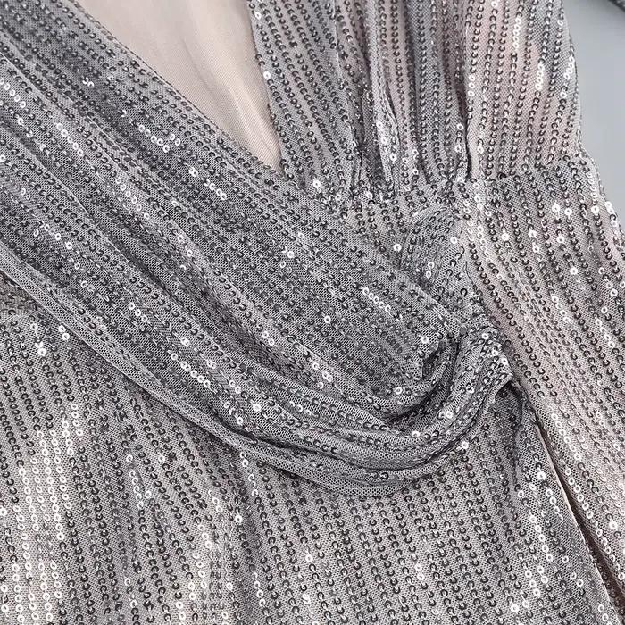 Robes longues à paillettes argentées pour femmes avec col en V profond et épaules structurées – Robe de soirée sexy Vestidos Largos