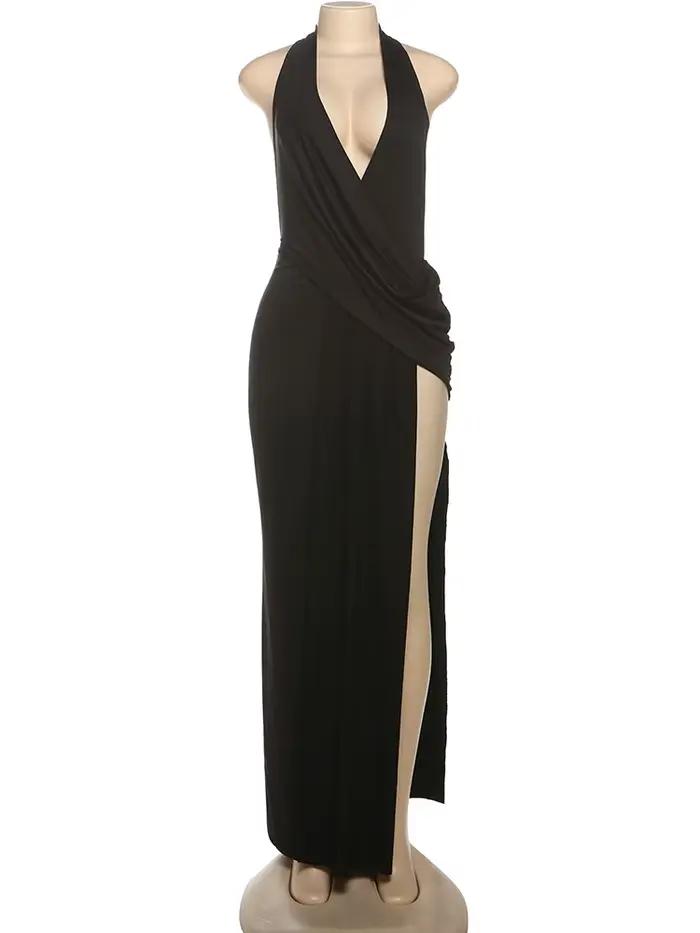 Sisterlinda Sexy Haute Splits Longue Robe Femmes Halter Profond V-Cou Dos Nu Sans Manches D'été Pool Party Ruché Élégant Robes
