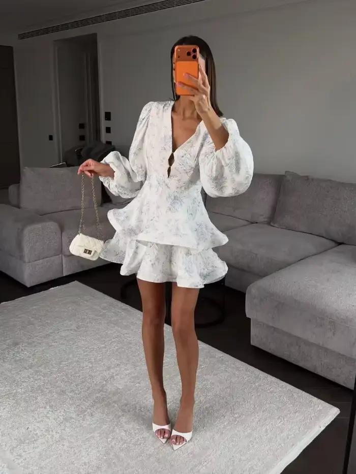 Robe Courte Femme Imprimé Floral Col V Manches Ballon Détail Trou de Clé Ourlet Volanté Étages