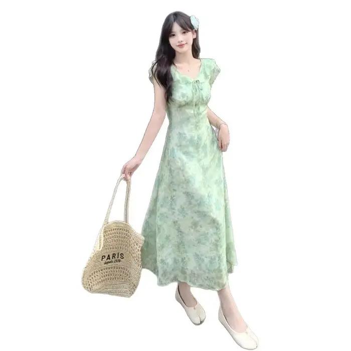 Robe longue sans manches à imprimé floral vert français