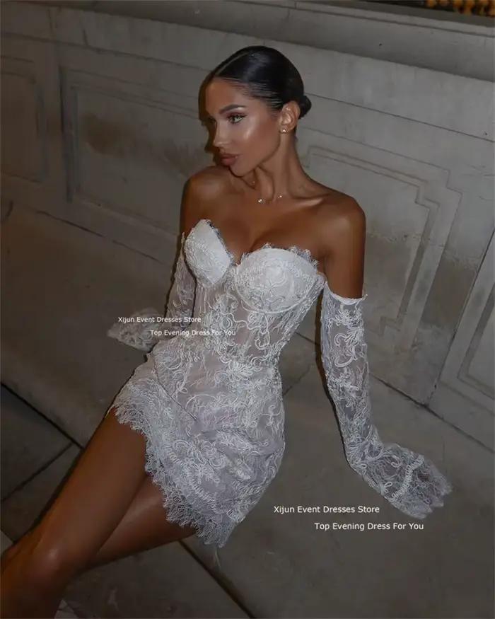 Xijun-Robe de Mariée Courte en Dentelle à Manches en Cœur