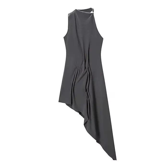 Robe en maille asymétrique gris beige coupe ajustée style urbain taille haute mi-longue évasée sans manches pour l'été