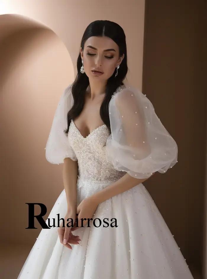 Ruhair robes De mariée fantaisie manches bouffantes perles fermeture éclair a-ligne Appliques chérie Robe De soirée De Mariage personnalisé