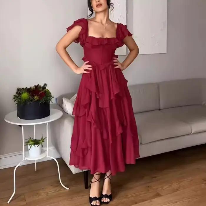 2025 nouveau Vintage vacances bord fleuri dos ouvert creux mode robe irrégulière décontracté femmes à volants
