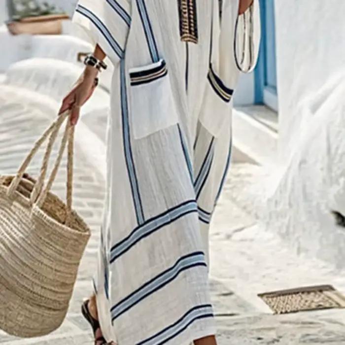Robes pour femme nouveau col en V robe Boho ample ethnique printemps rayé imprimé poche longue