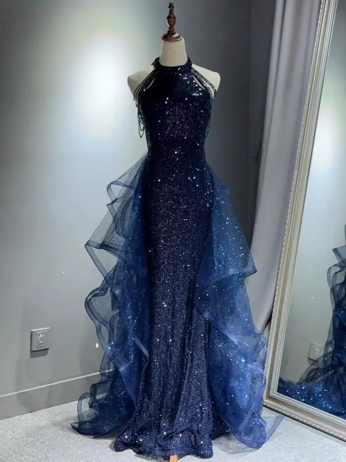 Robes de soirée élégantes bleu marine étincelles robe