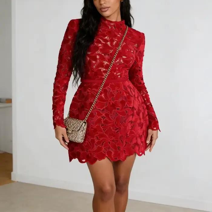 Robe femmes robes Sexy col rond évider ceinture taille serrée