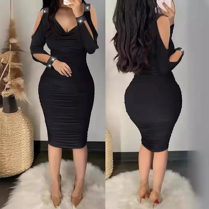 Robes serrées dames Sexy mode couleur unie vêtements col en v femmes plissé enveloppes hanches diamant incrusté robe à épaules nues