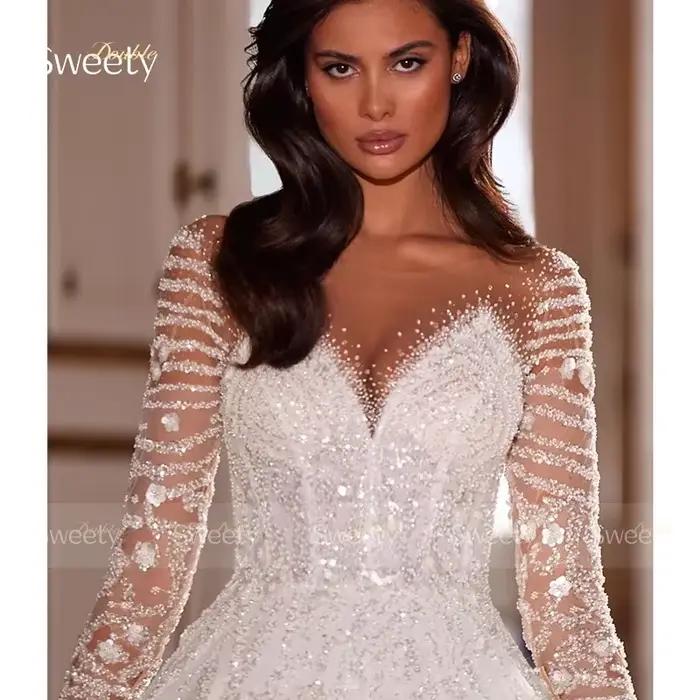 Robe De mariée luxueuse en dentelle brodée sur filet avec paillettes