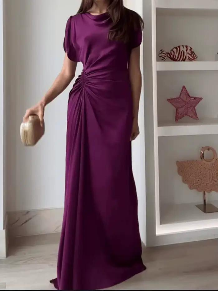 Robe ELSVIOS élégante et décontractée pour femmes, col rond, coupe cintrée, polyester uni, longue, occasions spéciales printemps été