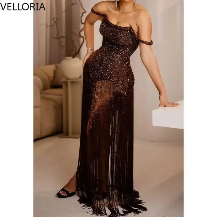 Robe de soirée à franges marron sans manches bustier perlé pour femmes occasions spéciales soirée officielle élégante à offrir