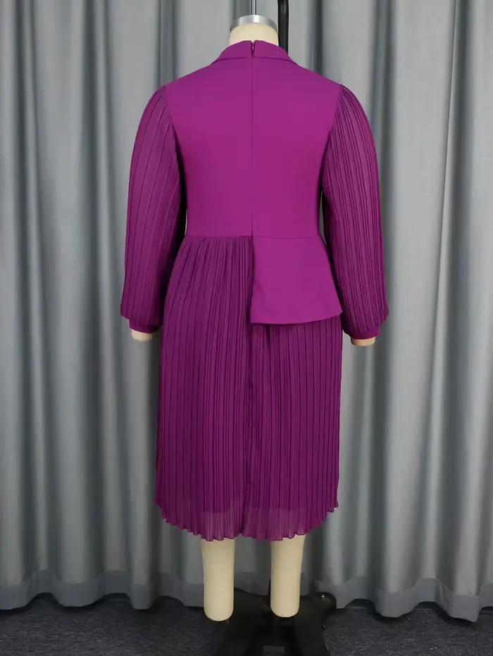 Robe trapèze plissée pour femme, col en V, manches longues lanternes, taille haute, élégante pour bureau et occasions spéciales violet