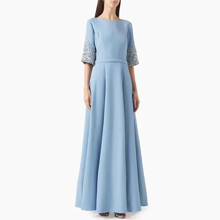 Offre spéciale robe de soirée personnalisée demi manches col rond paillettes pierres une ligne saoudienne arabe
