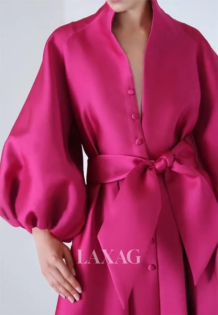 Robe de Soirée Contessa sur Mesure à Manches Ballon Coupe A-Line avec Nœud Élégant à la Taille