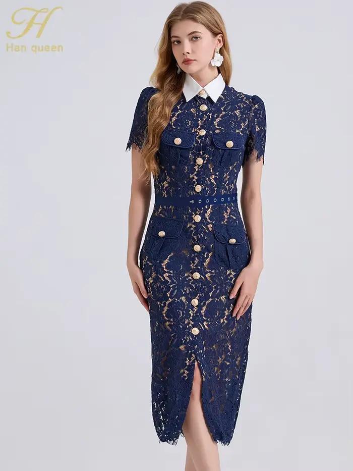 H Han Queen élégant France femmes simple boutonnage dentelle robes femme évider à manches courtes Vintage robe mi-longue